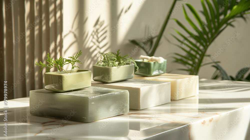 A display of innovative, biodegradable cosmetic packaging made from seaweed, arranged on a marble countertop. The natural light from the room illuminates the sleek designs, casting