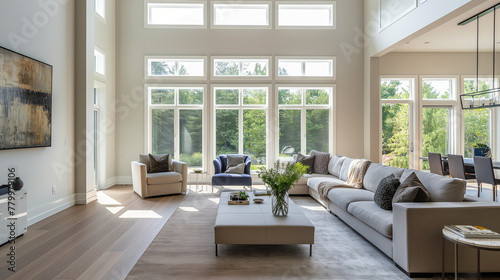 A spacious, open-concept living area featuring a combination of soft furnishings and sleek, modern pieces. Large windows on every wall provide an abundance of natural light, accent