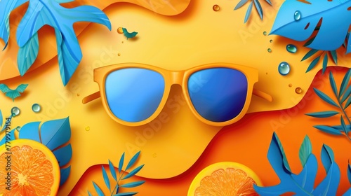 A pair of sunglasses is on a yellow background with blue leaves and orange fruit. The sunglasses are positioned in the center of the image, with the fruit and leaves surrounding them