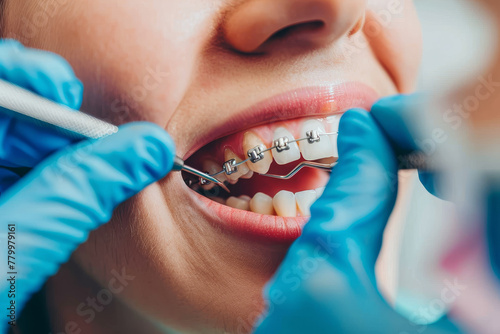 A woman is getting her teeth cleaned by a dentist