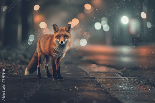 A fox is standing on a wet sidewalk in the rain photo