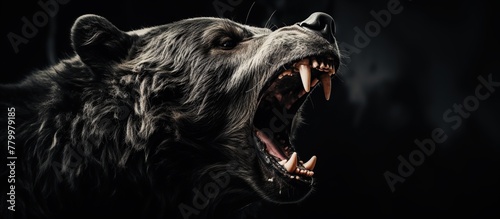 A side view portrait of an angry black bear, roaring and opening its mouth, revealing its sharp, powerful teeth and fangs. A wild, predatory animal against a dark background. photo