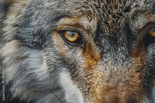 A close up of a wolf's face with a yellow eye