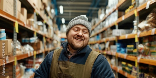 A man wearing a hat and apron stands in a grocery store aisle. He is smiling and he is happy