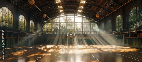 A cinematic wide shot of an old vintage basketball gymnasium with large windows and high ceilings, sunlight streaming in, creating soft shadows on the polished wood floor. photo