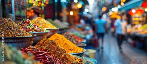 A close up shot of a traditional market with colorful aromatic spices and exotic flavors, creating a sensory and cultural atmosphere. Local wisdom and diversity of economic culture. photo