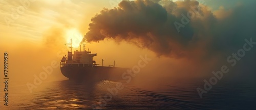 Cargo Ship Emission at Sunset: Marine Environmental Concern. Concept Ocean Pollution, Shipping Industry, Environmental Impact, Carbon Emissions, Sunset Views