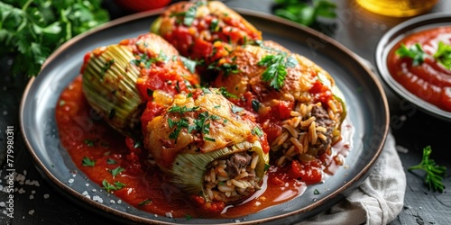 A plate of food with four stuffed vegetables and rice. The plate is on a table with a bowl of sauce nearby