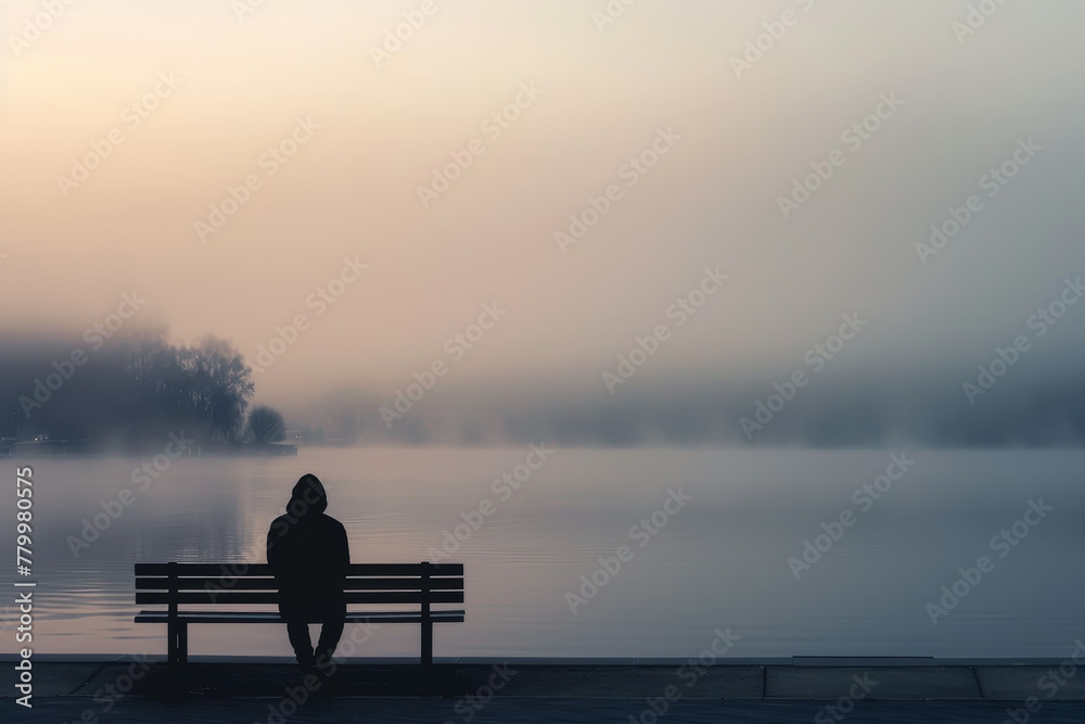 A person sits on a bench by a lake, watching the sun set