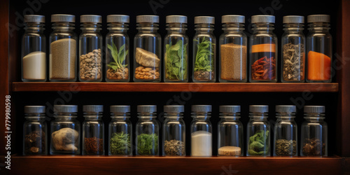 A shelf full of glass jars with various spices and herbs. The jars are lined up in rows, with some of them containing dried herbs and others containing spices. Scene is one of organization