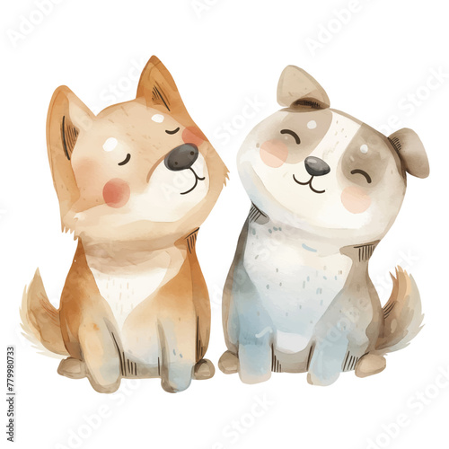 Cute two puppys watercolor ilustration, white background