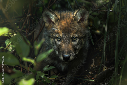 A small brown dog is looking at the camera in a forest