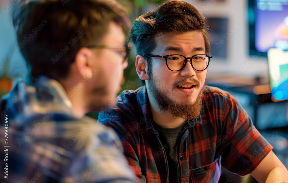 Two men are talking to each other in a room with a TV in the background Two men are talking to each other in a room with a TV in the background