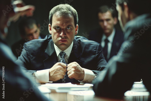 A man in a suit is sitting at a table with his hands clenched