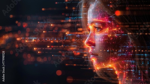 Abstract digital human face merged with vivid neon circuitry lines, illustrating the concept of artificial intelligence and future technology, Technology and robotics concept. Generative AI
