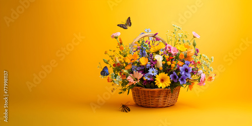 Wicker basket with flowers, butterflies and bee on bright yellow background. Gardening, spring is here, summer beginning or mother's day concept, mockup banner with copy space. photo