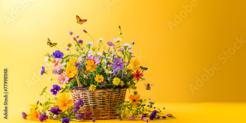 Wicker basket with flowers and butterflies on bright yellow background. Gardening, spring is here, summer beginning or mother's day concept, mockup banner with copy space.