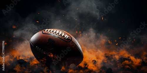 Close up of american football ball on dark fire flame background. Sports equipment banner with copy space. photo