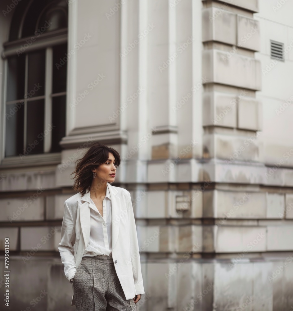 Chic Woman in White Blazer and Houndstooth Trousers Outdoors Chic Woman in White Blazer and Houndstooth Trousers Outdoors