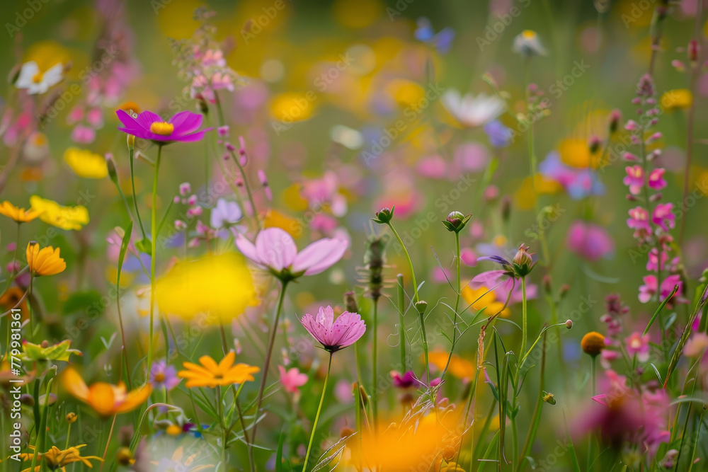 A field of wildflowers with a mix of yellow, pink, and blue flowers A field of wildflowers with a mix of yellow, pink, and blue flowers