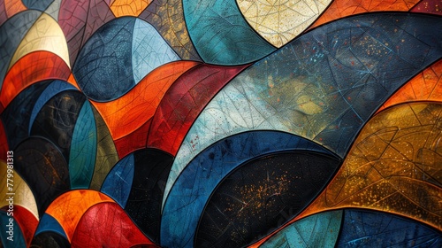 Digital abstract artwork with dynamic geometric shapes in shades of orange and blue with subtle textures.