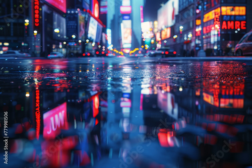 A city street with a reflection of the lights in the water photo