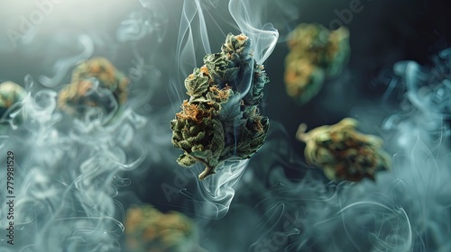 A piece of marijuana levitate in the air. Smoke. Close-up. Elevating the senses with floating bliss. photo