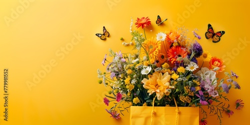 Yellow bag with flowers and butterflies on bright yellow background. Gardening, spring is here, summer beginning or mother's day concept, flat lay mockup banner with copy space. photo