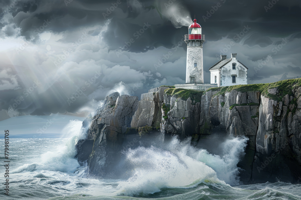 A lighthouse is on a rocky cliff overlooking the ocean