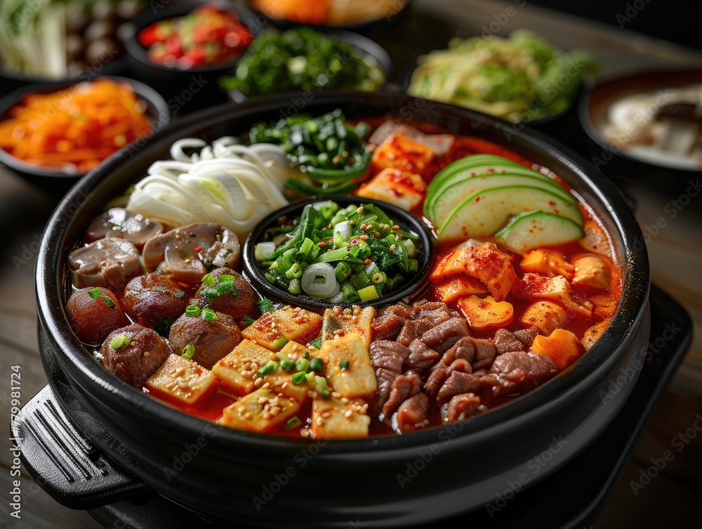 A large hot pot filled with meat and vegetables, placed on a table, black background, illustration made with Generative Ai A large hot pot filled with meat and vegetables, placed on a table, black background, illustration made with Generative Ai