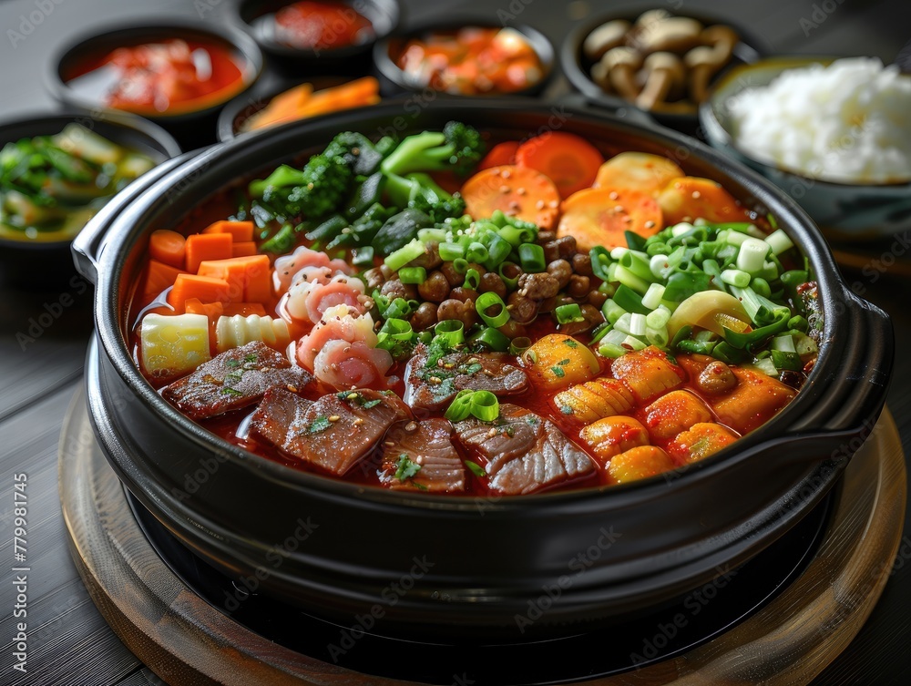 A large hot pot filled with meat and vegetables, placed on a table, black background, illustration made with Generative Ai