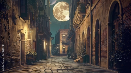 A street scene with the moon rising above the buildings, casting a soft light on the pavement and creating a peaceful atmosphere,