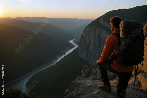 Perché au sommet d'une montagne, un randonneur savoure l'instant, captivé par la vue imprenable sur la vallée en contrebas, ressentant l'énergie et la grandeur de la nature environnante. photo