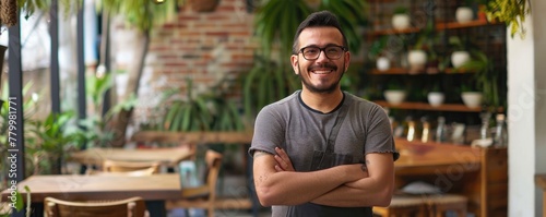 Confident male entrepreneur stands in his well-designed coffee shop, arms crossed photo