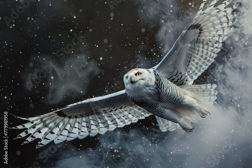 A white owl is flying through the snow, with its wings spread wide photo