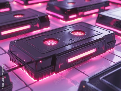 A row of black and pink cassette tapes are lit up. The pink color gives the impression of a futuristic or retro vibe photo