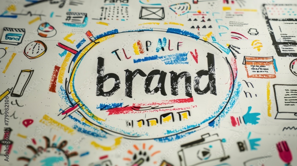 drawing brand concept with word map on whiteboard, a business plan or strategy marketing technology innovation ideas elements in background with text and icons for design.