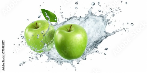 Two green apples are floating in a splash of water. The apples are surrounded by water droplets and the splash is still visible