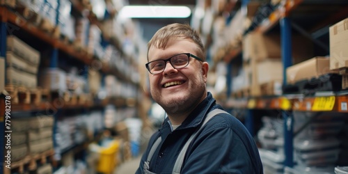 A man wearing a blue shirt and safety glasses is smiling in a warehouse. He is standing in front of a shelf full of boxes