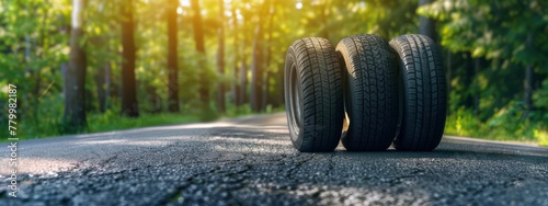 Three tires on the asphalt road in front of a green forest background. Rubber tires for summer or winter driving vehicles. The concept of recycled rubber tires for travel with new vehicles