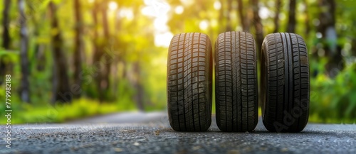 Three tires on the asphalt road in front of a green forest background. Rubber tires for summer or winter driving vehicles. The concept of recycled rubber tires for travel with new vehicles