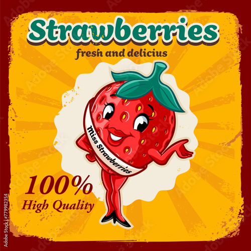 strawberry cartoon mascot illustration vintage banner advertising
