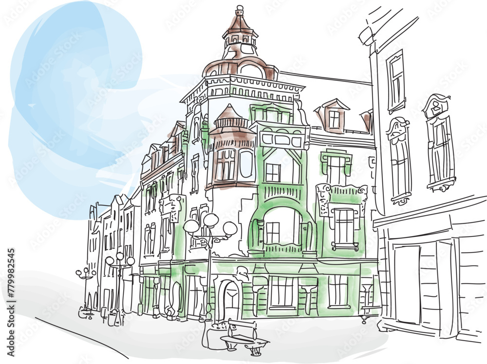 Mikolow city in Poland. Silesia. Art nouveau architecture.
vector illustration.