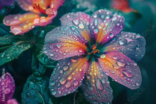 A colorful flower with droplets of water on it