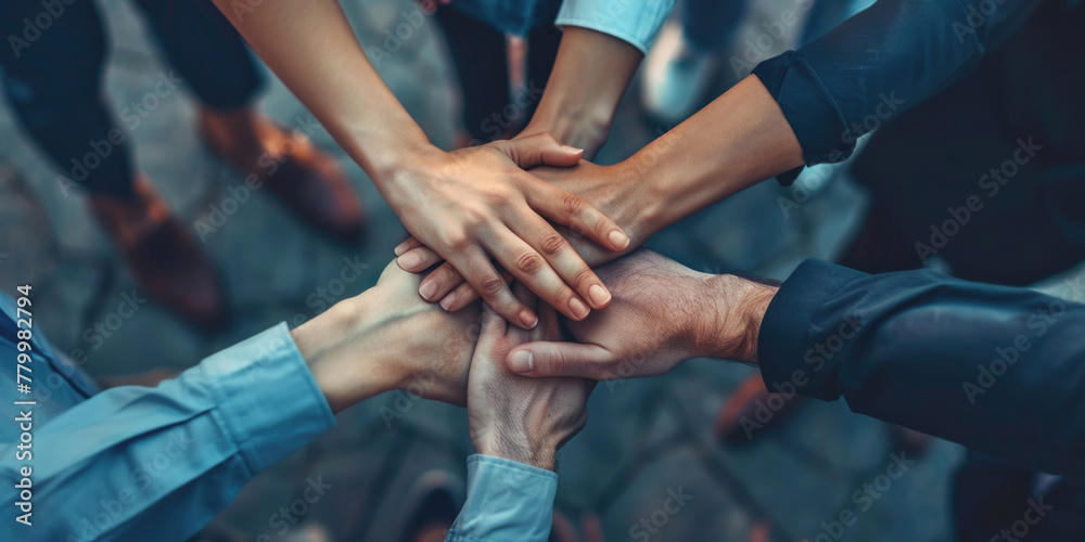 A group of people are holding hands in a circle. Concept of unity and togetherness A group of people are holding hands in a circle. Concept of unity and togetherness