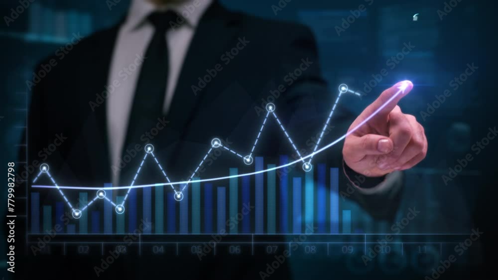 Businessman Financial Broker in Suit Drawing an Ascending Financial Chart. Man Hand showing Record Earnings, Corporate Growth, Increasing Profits, Business Success in Virtual or Augmented Reality. Businessman Financial Broker in Suit Drawing an Ascending Financial Chart. Man Hand showing Record Earnings, Corporate Growth, Increasing Profits, Business Success in Virtual or Augmented Reality.