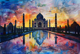 A painting of the Taj Mahal with a reflection of the building in the water