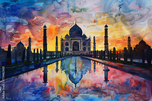 A painting of the Taj Mahal with a reflection of the building in the water photo
