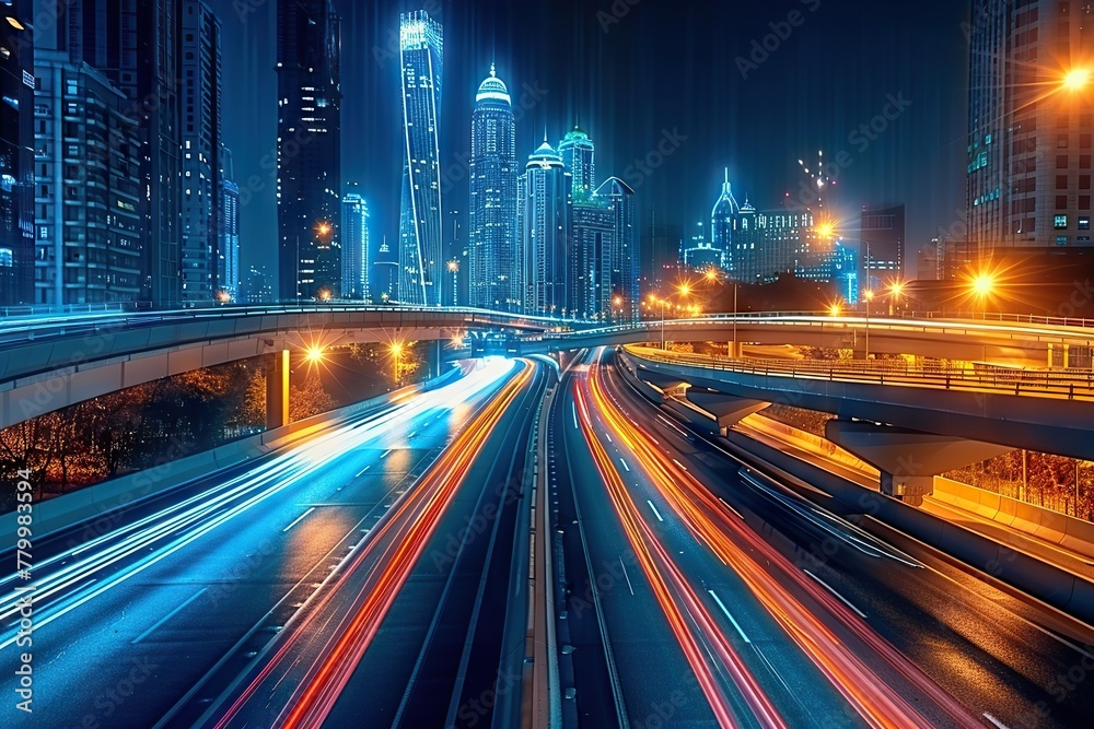Fototapeta premium Motion Blur Night Lights Capturing the Dynamic Energy on a Bustling Highway, with a Majestic City Skyline Backdrop