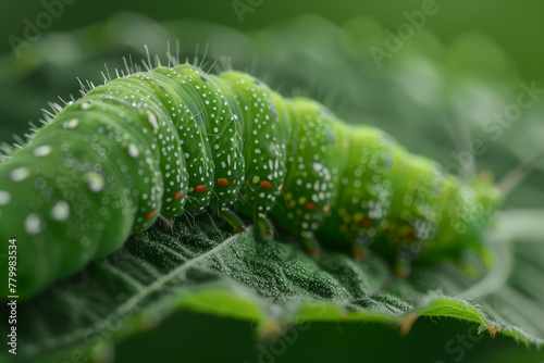 A green caterpillar with white spots on its back
